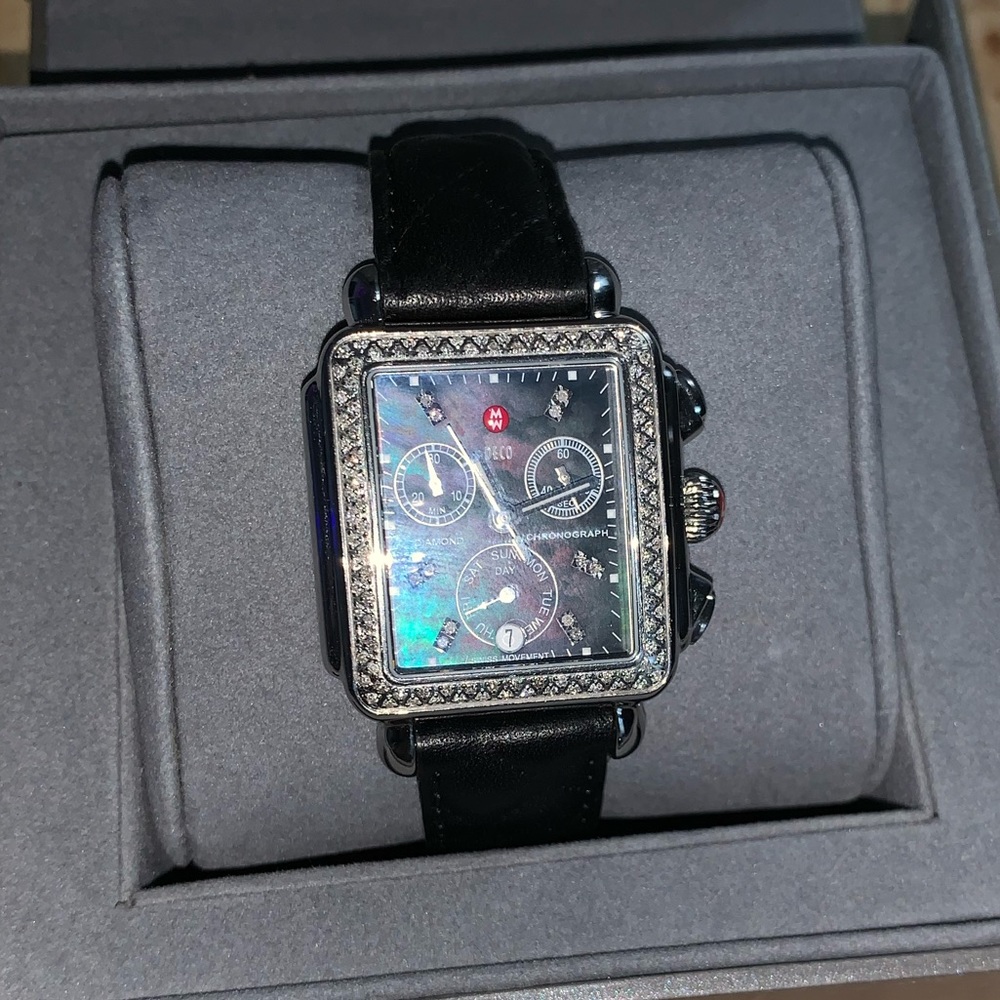 Michele diamond deco watch with genuine leather quilted band